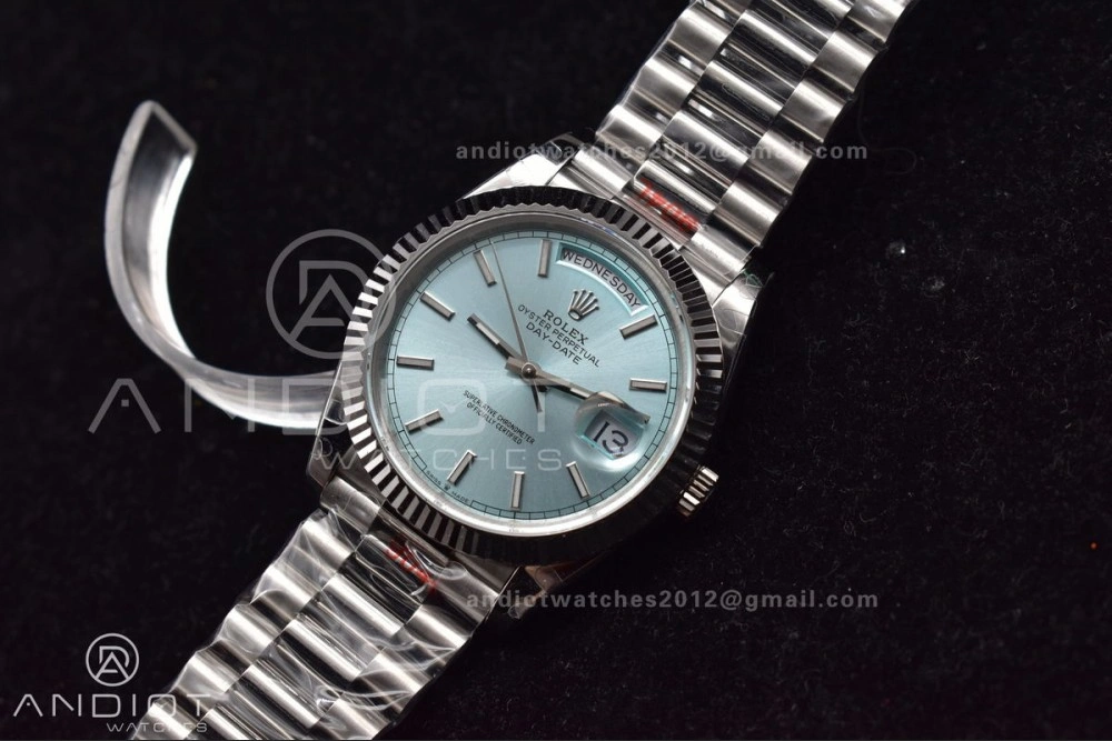 Bright DayDate 40 SS GMF Gain Weight Ice Blue Stick Dial on President Bracelet A 716