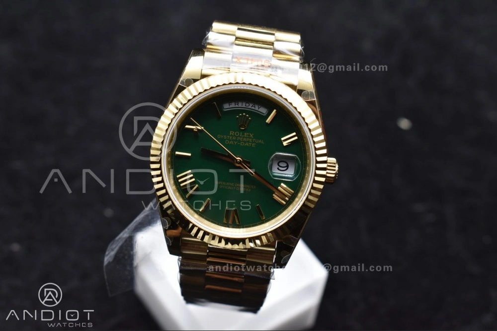 DayDate 40 YG GMF Gain Weight 904L Steel Green Dial Roman Markers on President Bracelet A3255 V EasyMatch 754