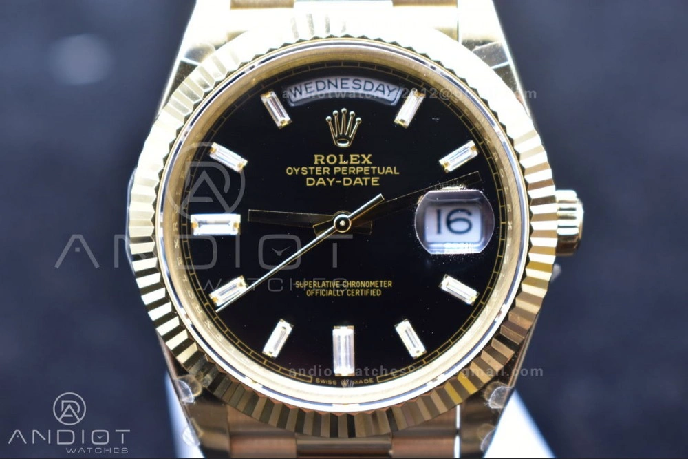 SoftTouch DayDate 40 YG GMF Plated 904L Steel Black Dial Crystal Markers On President Bracelet A2836 V 721