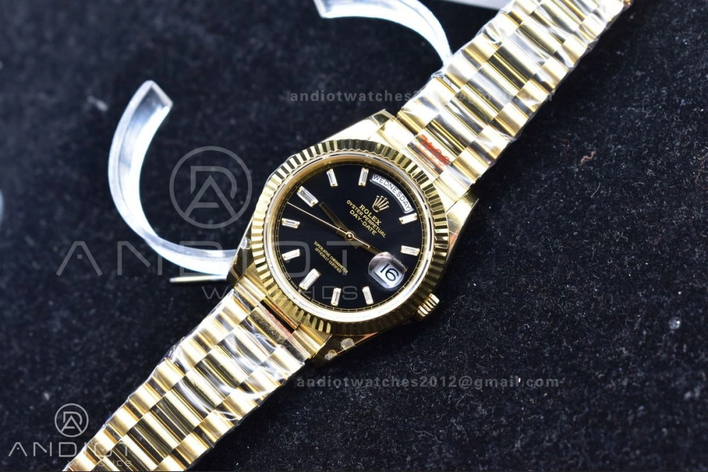 SoftTouch DayDate 40 YG GMF Plated 904L Steel Black Dial Crystal Markers On President Bracelet A2836 V 721
