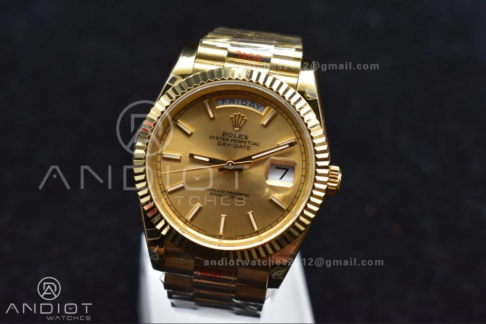 DayDate 40 YG JDF Gain Weight 904L Steel YG Dial Stick Markers on President Bracelet A2836 V ZipUp 731