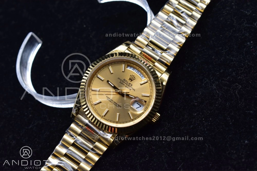 DayDate 40 YG JDF Gain Weight 904L Steel YG Dial Stick Markers on President Bracelet A2836 V ZipUp 731