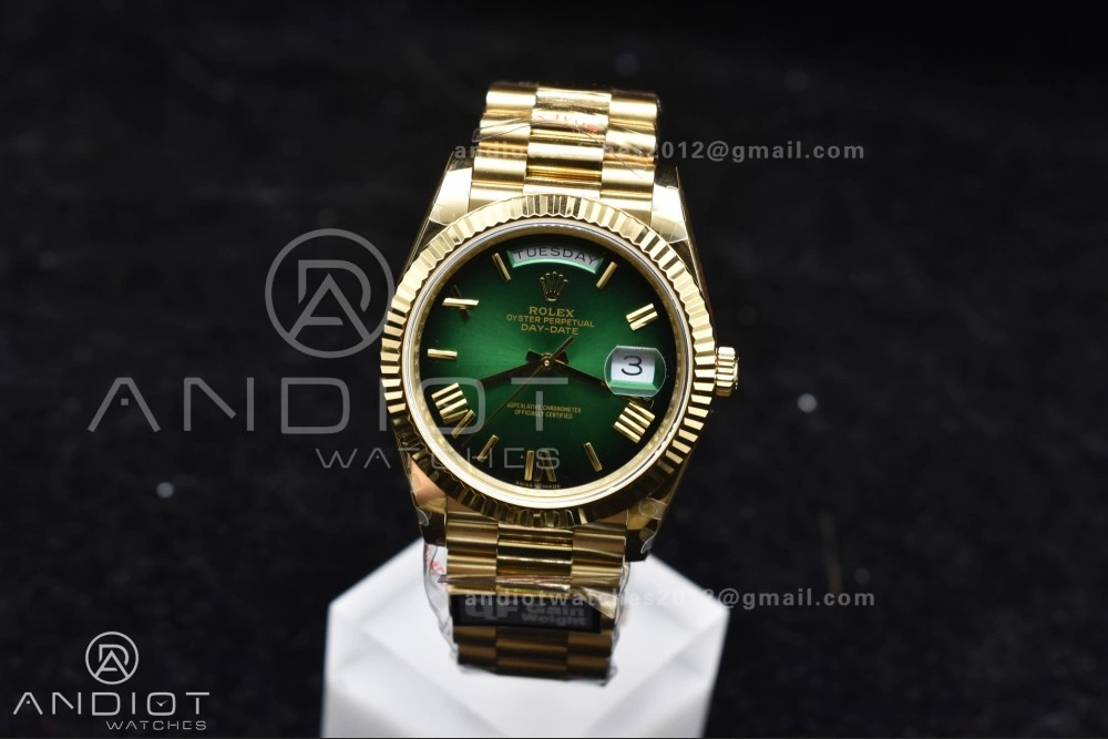 DayDate 40 YG QF Best Edition 904L Steel Green Black Dial on President Bracelet A2836 V4 (Gain Weight) TechFriendly 725