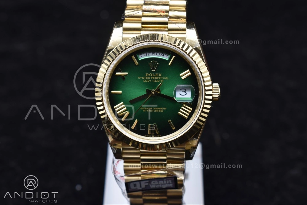 DayDate 40 YG QF Best Edition 904L Steel Green Black Dial on President Bracelet A2836 V4 (Gain Weight) TechFriendly 725