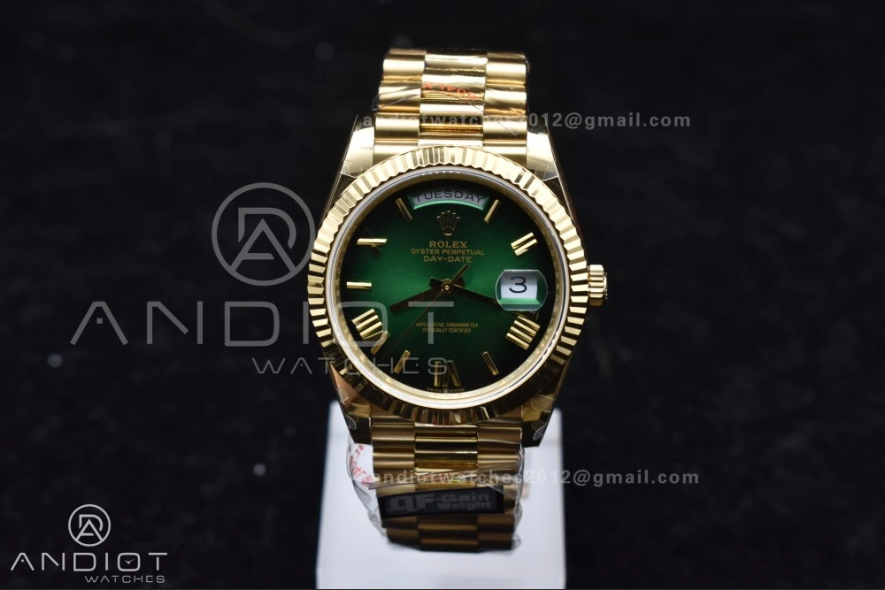 DayDate 40 YG QF Best Edition 904L Steel Green Black Dial on President Bracelet A2836 V4 (Gain Weight) TechFriendly 725