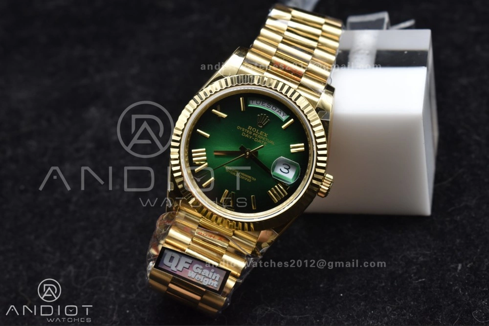 DayDate 40 YG QF Best Edition 904L Steel Green Black Dial on President Bracelet A2836 V4 (Gain Weight) TechFriendly 725