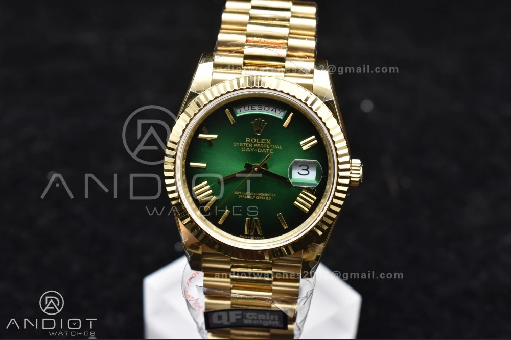 DayDate 40 YG QF Best Edition 904L Steel Green Black Dial on President Bracelet A2836 V4 (Gain Weight) TechFriendly 725