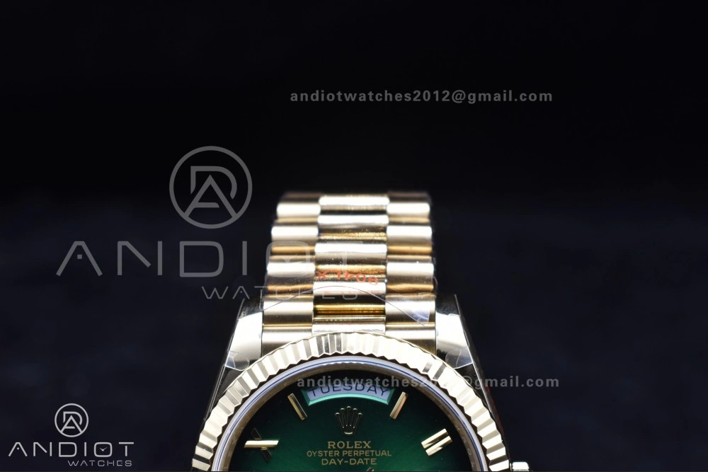 DayDate 40 YG QF Best Edition 904L Steel Green Black Dial on President Bracelet A2836 V4 (Gain Weight) TechFriendly 725