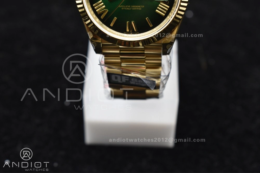 DayDate 40 YG QF Best Edition 904L Steel Green Black Dial on President Bracelet A2836 V4 (Gain Weight) TechFriendly 725