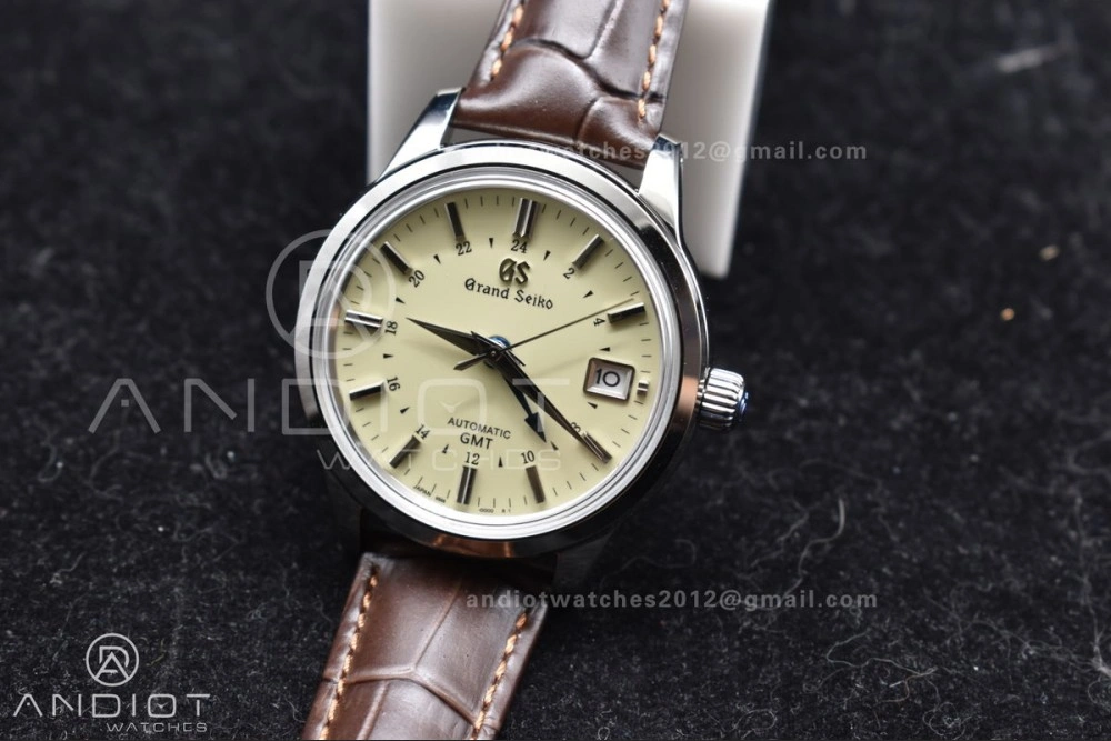 BestValue Grand Seiko Elegance GMT SS GSF 1:1 Best Edition Cream Dial on Brown Leather Strap NH 262