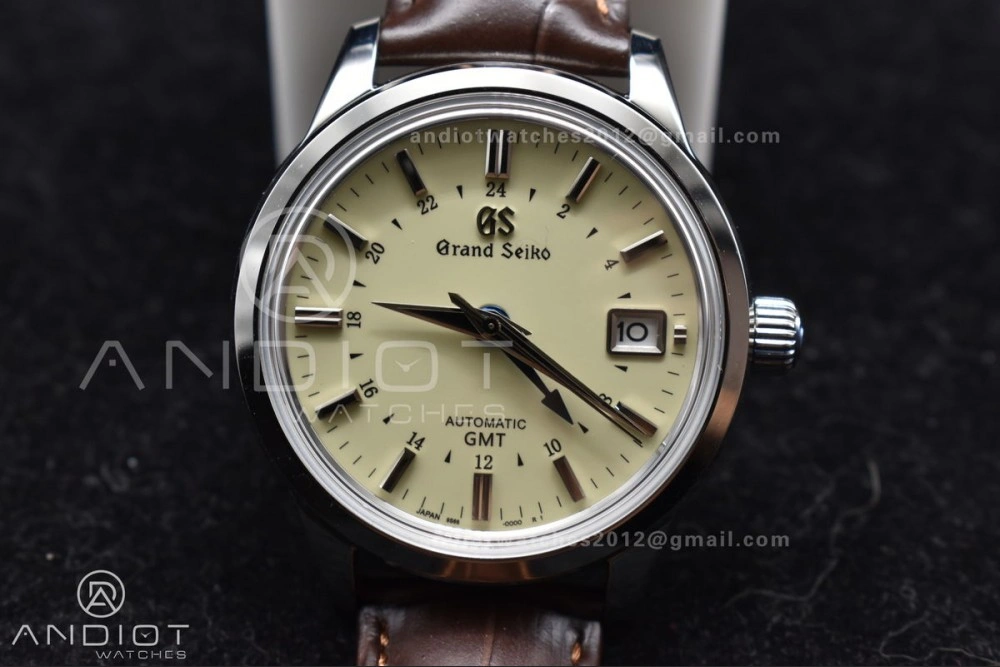 Comfortable Grand Seiko Elegance GMT SS GSF 1:1 Best Edition Cream Dial on Brown Leather Strap NH 886