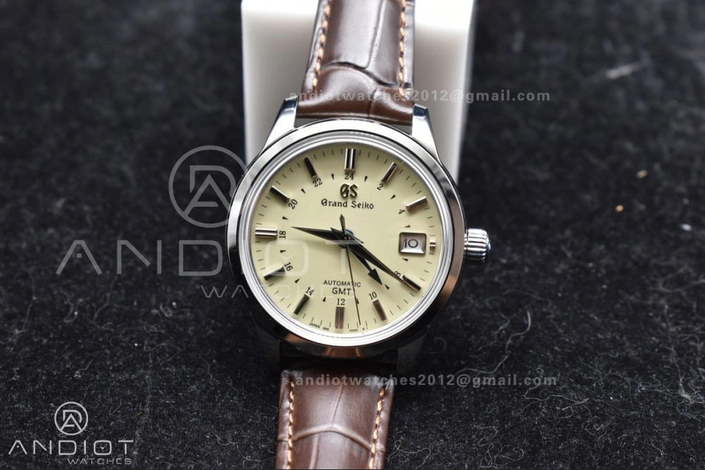 Comfortable Grand Seiko Elegance GMT SS GSF 1:1 Best Edition Cream Dial on Brown Leather Strap NH 886