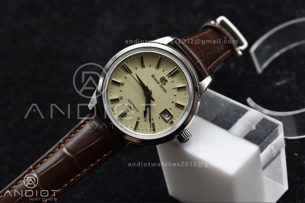 Comfortable Grand Seiko Elegance GMT SS GSF 1:1 Best Edition Cream Dial on Brown Leather Strap NH 886