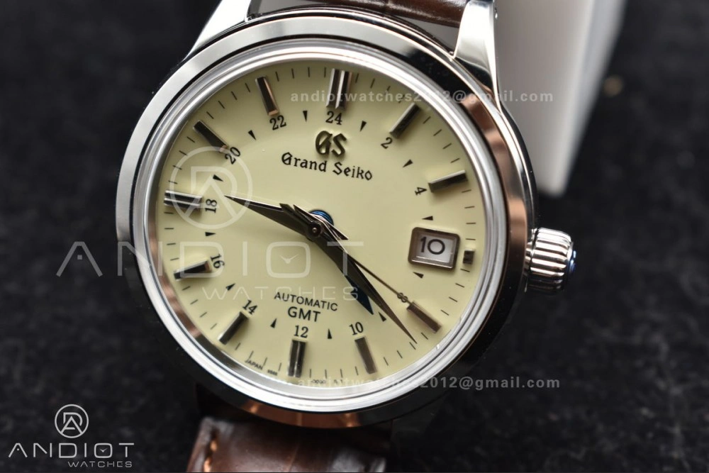 Comfortable Grand Seiko Elegance GMT SS GSF 1:1 Best Edition Cream Dial on Brown Leather Strap NH 886
