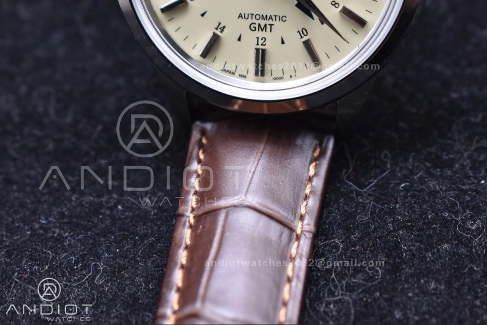 Comfortable Grand Seiko Elegance GMT SS GSF 1:1 Best Edition Cream Dial on Brown Leather Strap NH 886