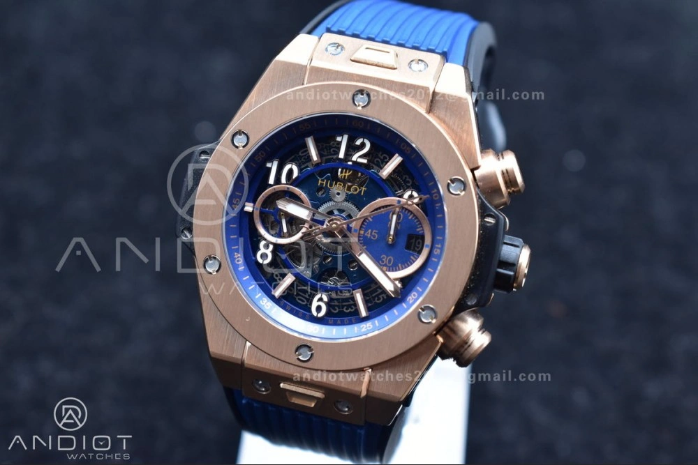 RelaxedFit Hublot Big Bang Unico RG ZF 1:1 Best Edition Blue Skeleton Dial on Blue Rubber Strap A 894