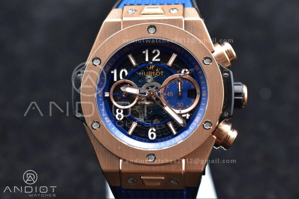 RelaxedFit Hublot Big Bang Unico RG ZF 1:1 Best Edition Blue Skeleton Dial on Blue Rubber Strap A 894