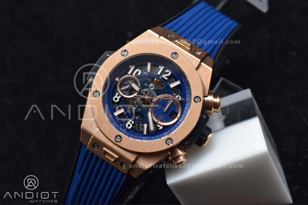 RelaxedFit Hublot Big Bang Unico RG ZF 1:1 Best Edition Blue Skeleton Dial on Blue Rubber Strap A 894