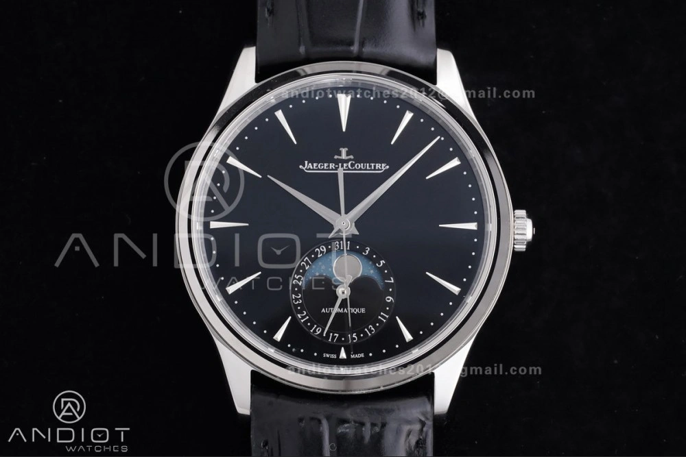Master Ultra Thin Moon SS APSF 1:1 Best Edition Black Dial on Black Leather Strap SA925 Super Clone Refined 318