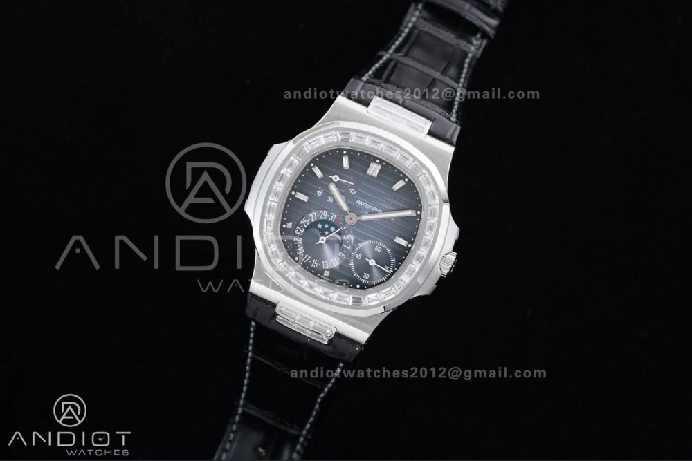 Nautilus 5712 Full Diamonds SS PPF 1:1 Best Edition Blue Dial on Black Leather Strap A240 Super Clone V Durable 378