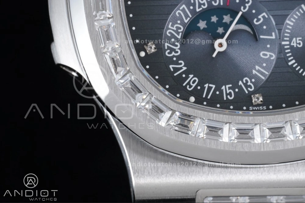 Nautilus 5712 Full Diamonds SS PPF 1:1 Best Edition Blue Dial on Black Leather Strap A240 Super Clone V Durable 378