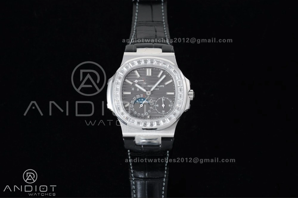 Nautilus 5712 Full Diamonds SS PPF 1:1 Best Edition Gray Dial on Black Leather Strap A240 Super Clone V EasyCare 361