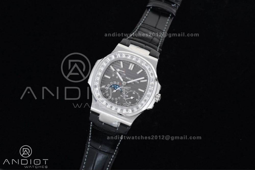 Nautilus 5712 Full Diamonds SS PPF 1:1 Best Edition Gray Dial on Black Leather Strap A240 Super Clone V EasyCare 361