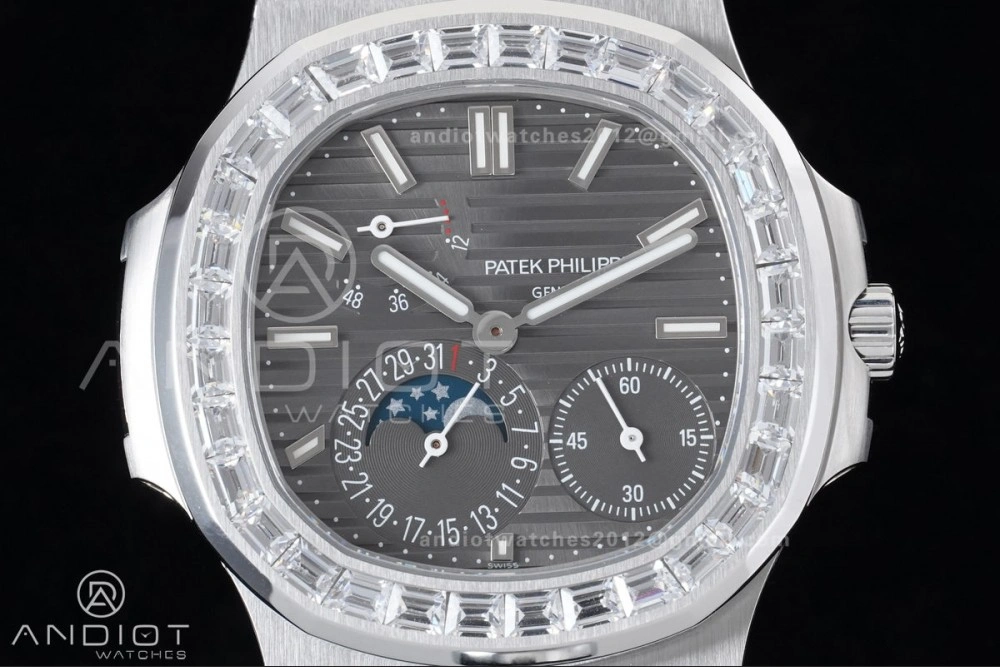Nautilus 5712 Full Diamonds SS PPF 1:1 Best Edition Gray Dial on Black Leather Strap A240 Super Clone V EasyCare 361