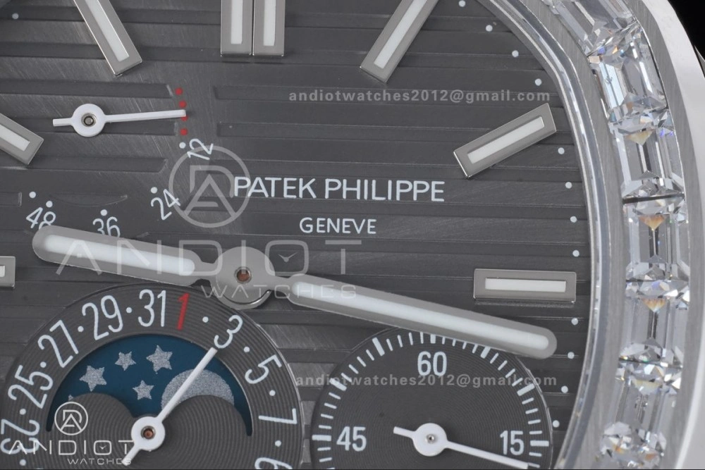 Nautilus 5712 Full Diamonds SS PPF 1:1 Best Edition Gray Dial on Black Leather Strap A240 Super Clone V EasyCare 361