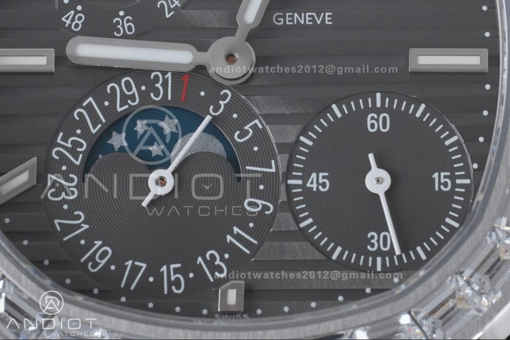 Nautilus 5712 Full Diamonds SS PPF 1:1 Best Edition Gray Dial on Black Leather Strap A240 Super Clone V EasyCare 361