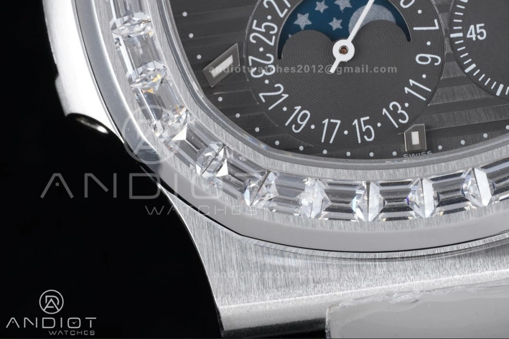Nautilus 5712 Full Diamonds SS PPF 1:1 Best Edition Gray Dial on Black Leather Strap A240 Super Clone V EasyCare 361