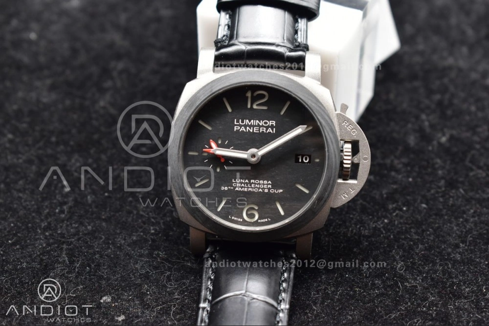 PAM1096 W Luminor GMT 42mm Titanium VSF 1:1 Best Edition Black Dial on Black Leather Strap P.9011 Super Clone TechFriendly 335