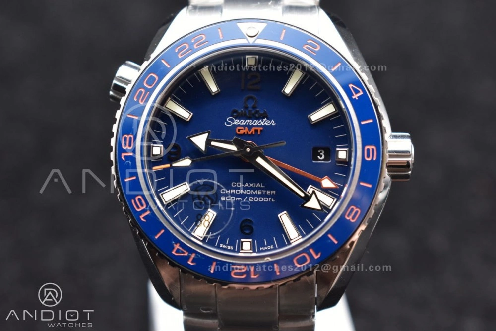 Planet Ocean 600M Co-Axial GMT 43.5mm VSF 1:1 Best Edition Blue Dial Blue Ceramic Bezel on SS Bracelet A8605 Super Clone EasyMatch 1014