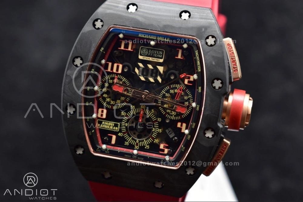 WeatherProof RM011 NTPT Chrono Lotus KVF 1:1 Best Edition Crystal Dial on Red Rubber Strap A7750 V 1227