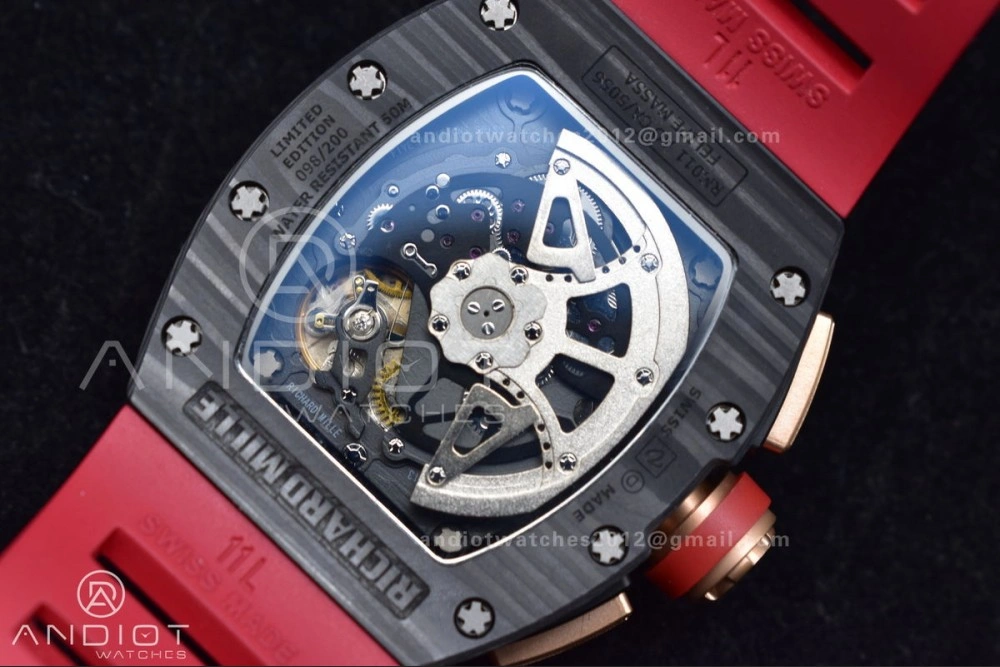 WeatherProof RM011 NTPT Chrono Lotus KVF 1:1 Best Edition Crystal Dial on Red Rubber Strap A7750 V 1227