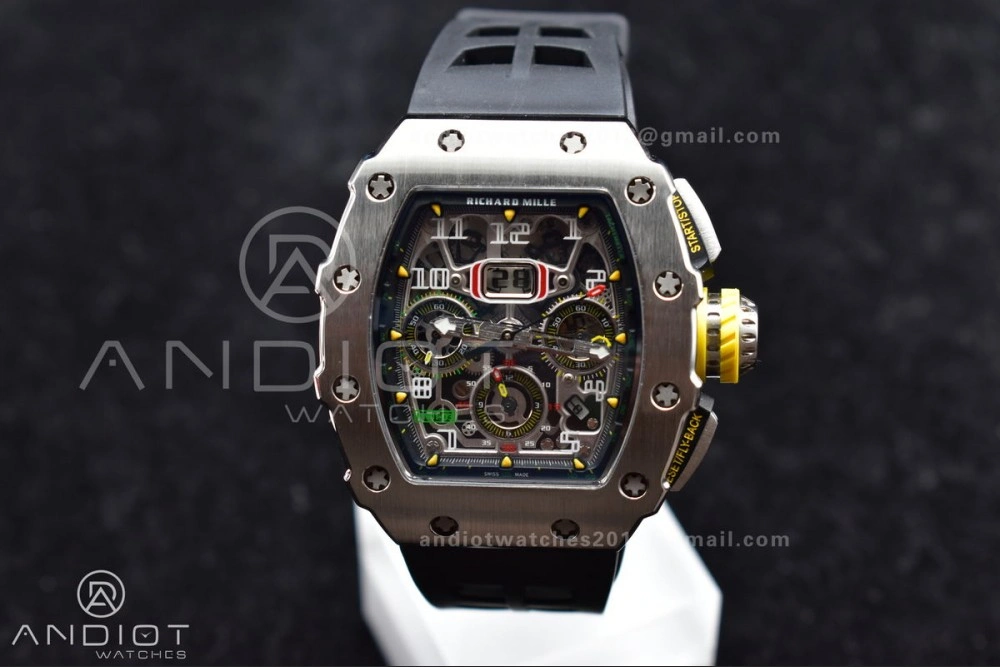 RM011 SS Chrono KVF 1:1 Best Edition Crystal Dial Black on Black Rubber Strap A7750 V Functional 1025