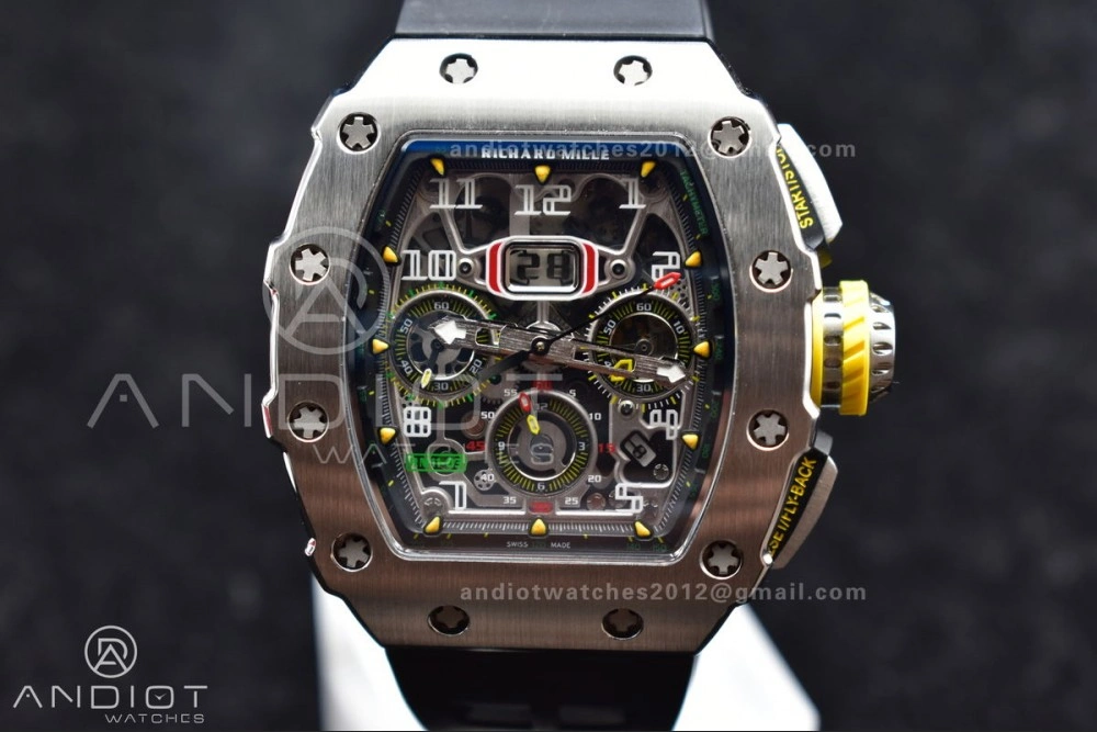 RM011 SS Chrono KVF 1:1 Best Edition Crystal Dial Black on Black Rubber Strap A7750 V Functional 1025