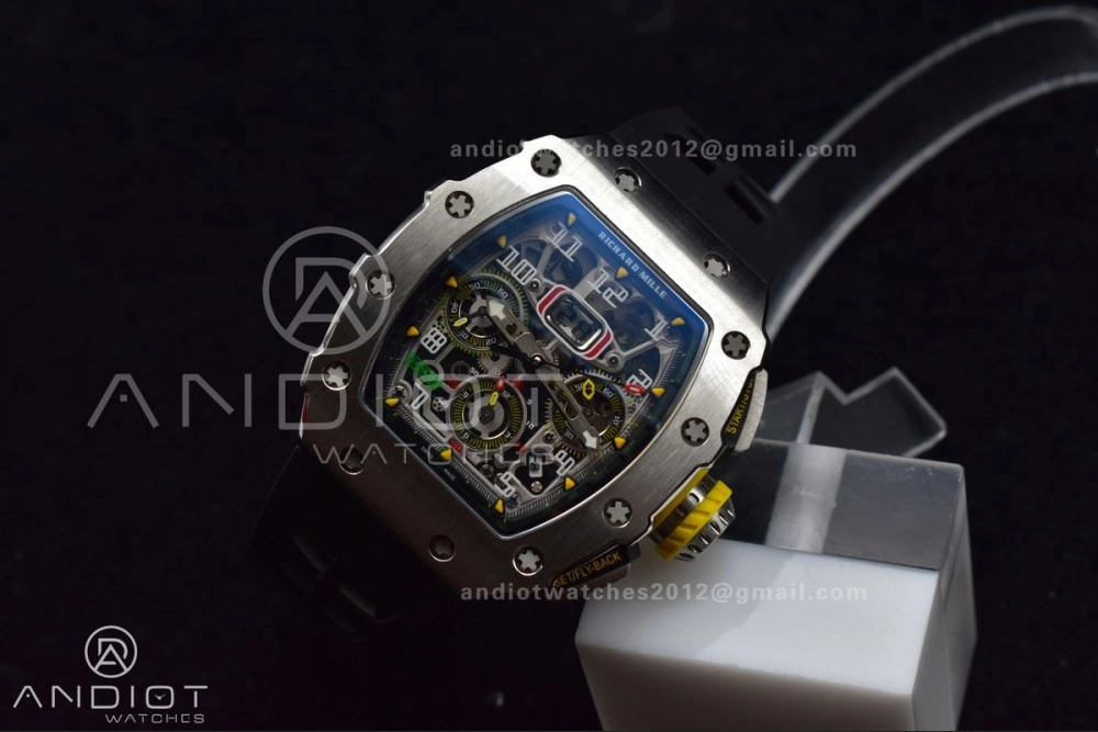 RM011 SS Chrono KVF 1:1 Best Edition Crystal Dial Black on Black Rubber Strap A7750 V Functional 1025