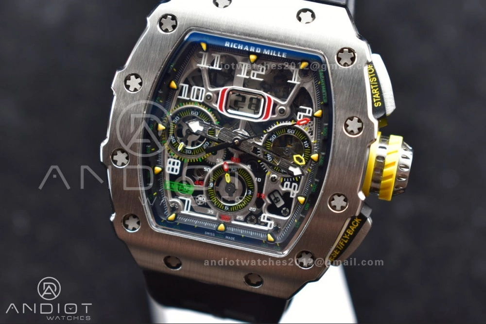 RM011 SS Chrono KVF 1:1 Best Edition Crystal Dial Black on Black Rubber Strap A7750 V Functional 1025