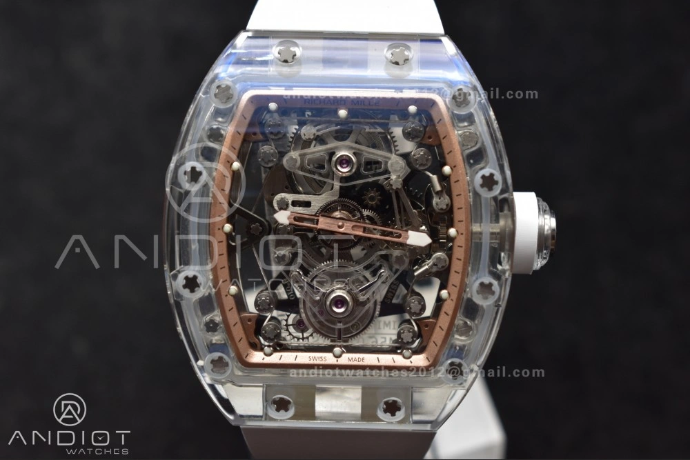 Bold RM56-02 Transparent Tourbillon RMF Best Edition Skeleton Gold Dial on White Rubber Strap 1240