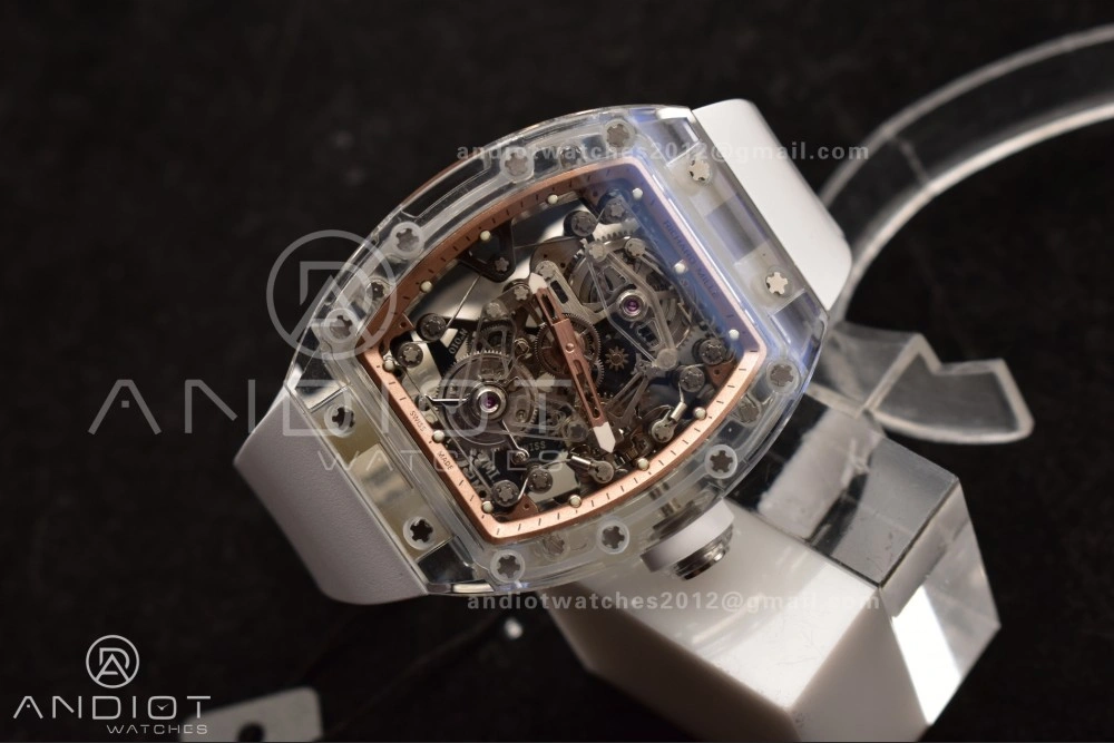 Bold RM56-02 Transparent Tourbillon RMF Best Edition Skeleton Gold Dial on White Rubber Strap 1240