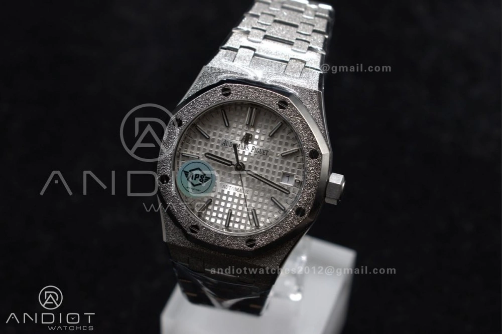 Royal Oak 37mm 15454 Frosted SS APSF 1:1 Best Edition White Textured Dial On SS Bracelet SA3120 Super Clone WrinkleFree 102