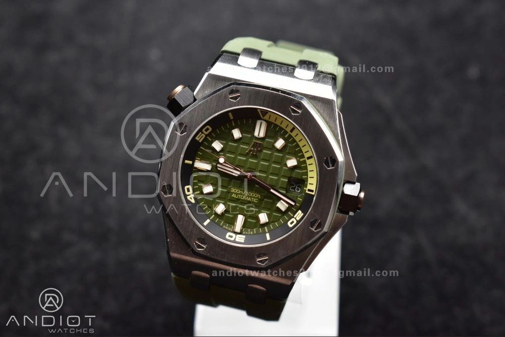 Royal Oak Offshore Diver 15720 SS APSF 1:1 Best Edition Green Dial on Green Rubber Strap A4308 Super Clone Practical 157
