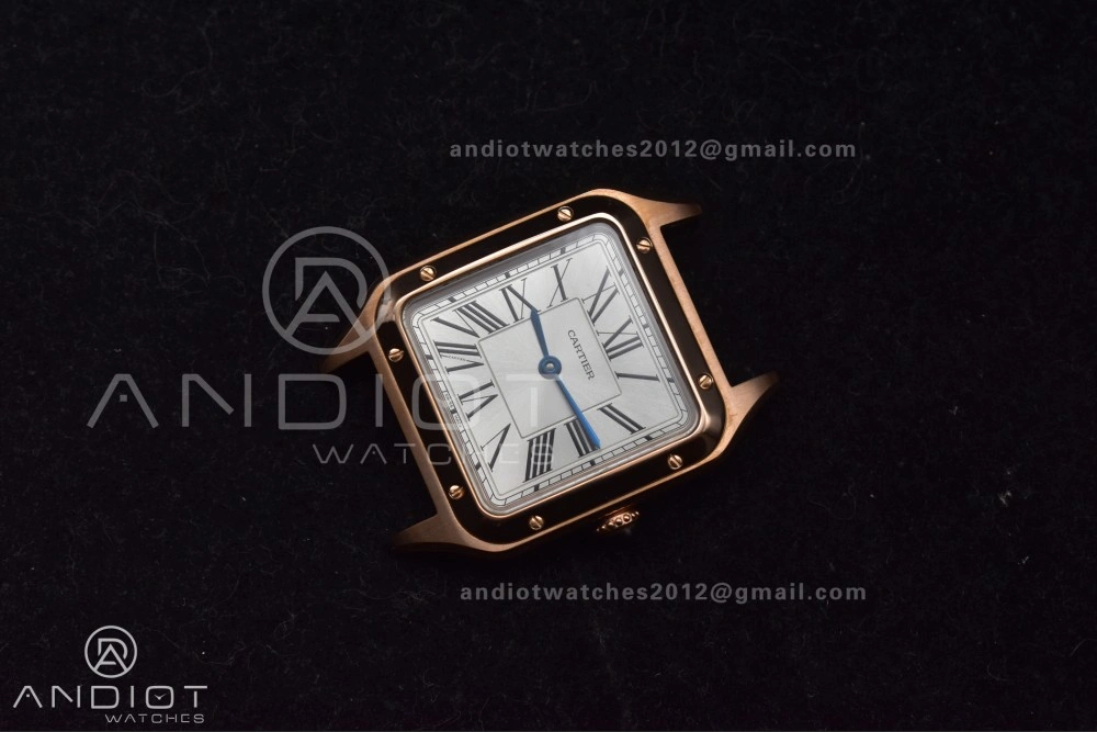 Santos Dumont 27.5mm SS RG AF 1:1 Best Edition Silver Dial on Black Leather Strap A FlexibleFit 250