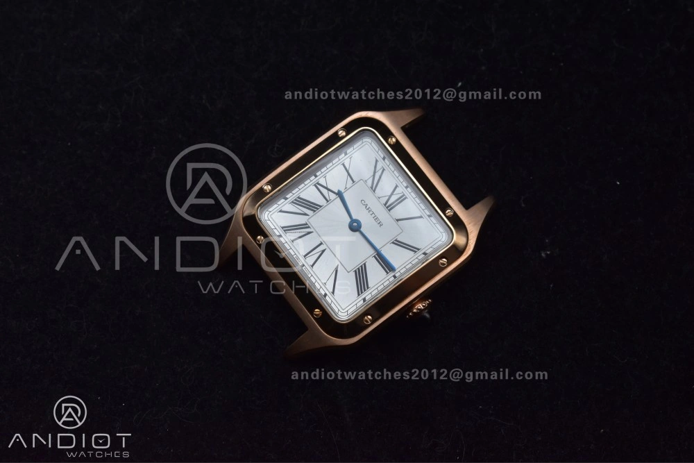 Minimalist Santos Dumont 31.4mm SS RG AF 1:1 Best Edition Silver Dial on Black Leather Strap A 249