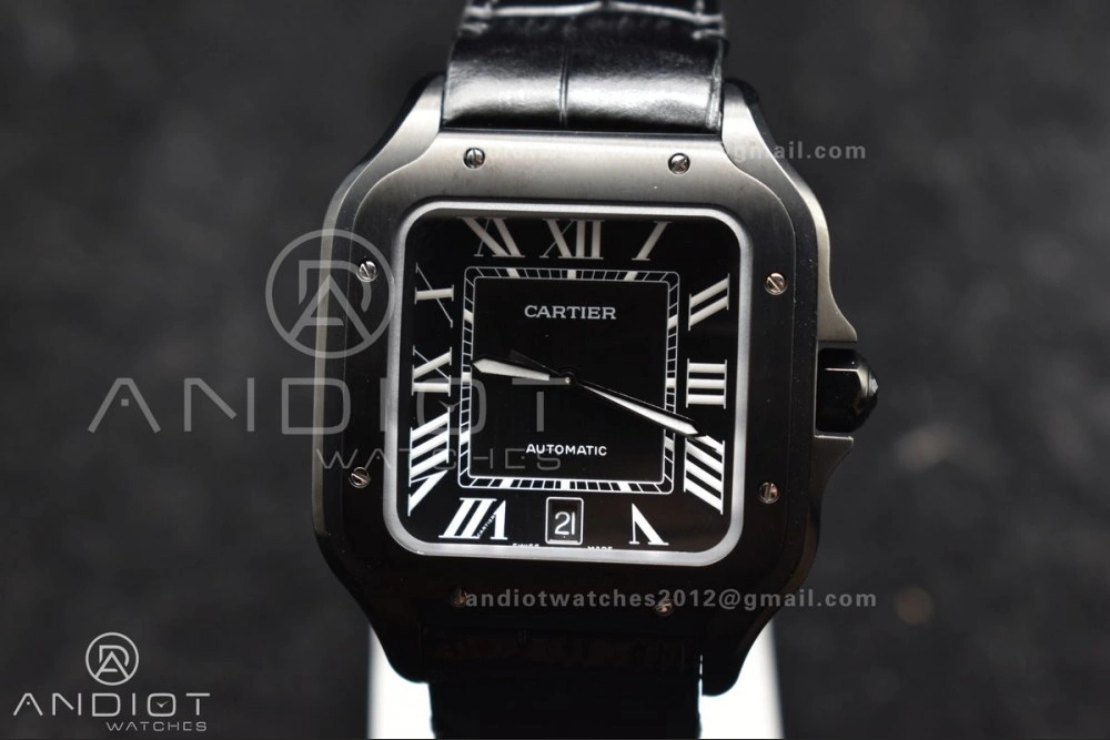 Santos de Cartier 40mm PVD BVF 1:1 Best Edition Black Dial on Black Leather Strap MIYOTA Snug 236