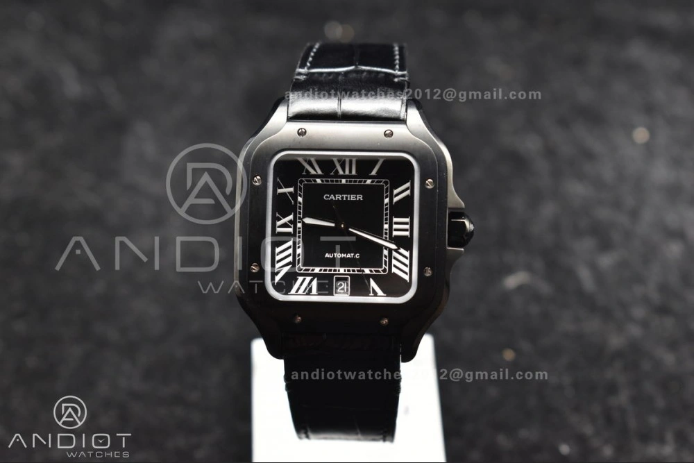 Santos de Cartier 40mm PVD BVF 1:1 Best Edition Black Dial on Black Leather Strap MIYOTA Snug 236