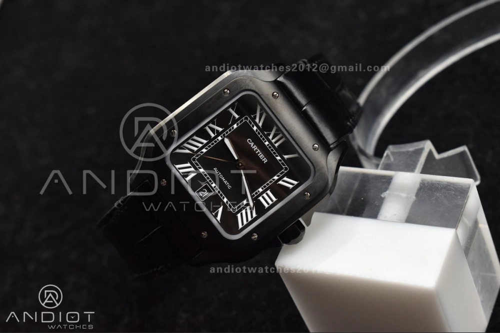 Santos de Cartier 40mm PVD BVF 1:1 Best Edition Black Dial on Black Leather Strap MIYOTA Snug 236