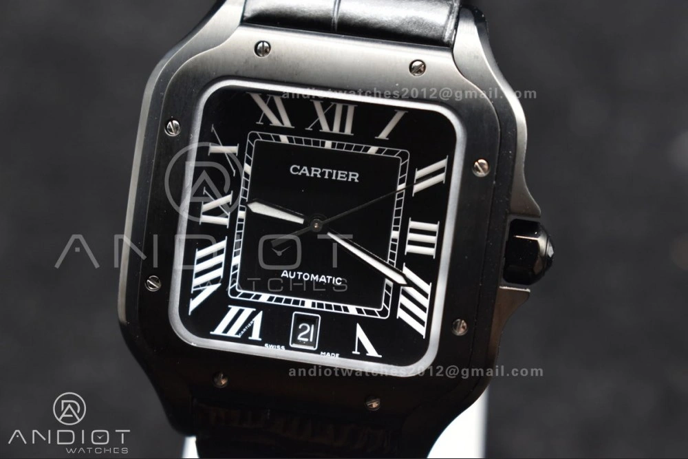 Santos de Cartier 40mm PVD BVF 1:1 Best Edition Black Dial on Black Leather Strap MIYOTA Snug 236