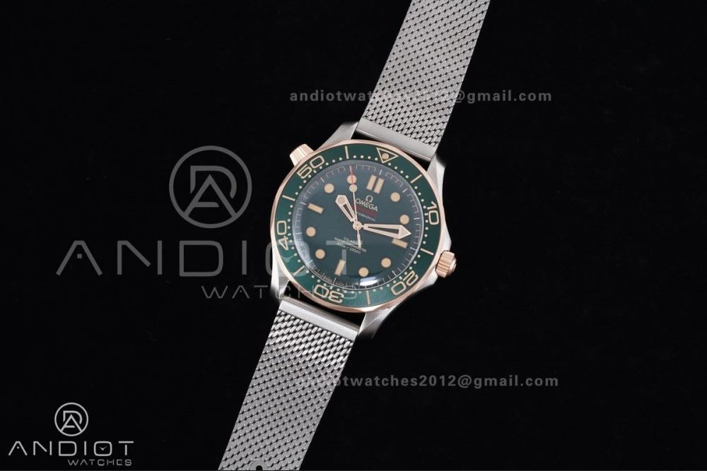 FlexibleFit Seamaster 300M Diver Rose Gold VSF 1:1 Best Edition Green Dial on Mesh Bracelet A 64